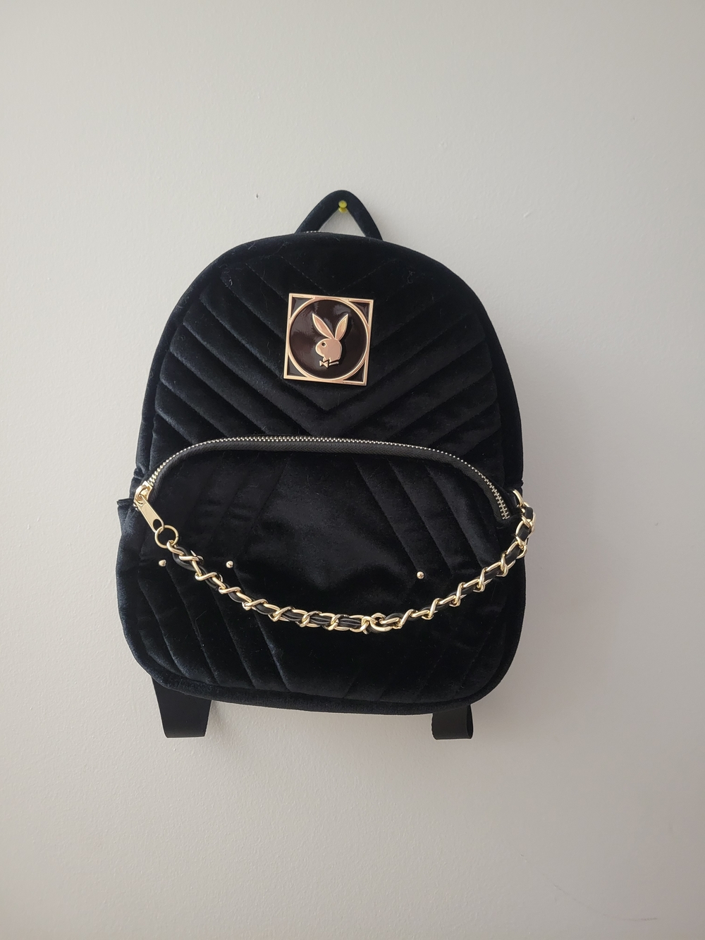 PLAYBOY Black Quilted Velvet Mini Backpack with Gold Hardware